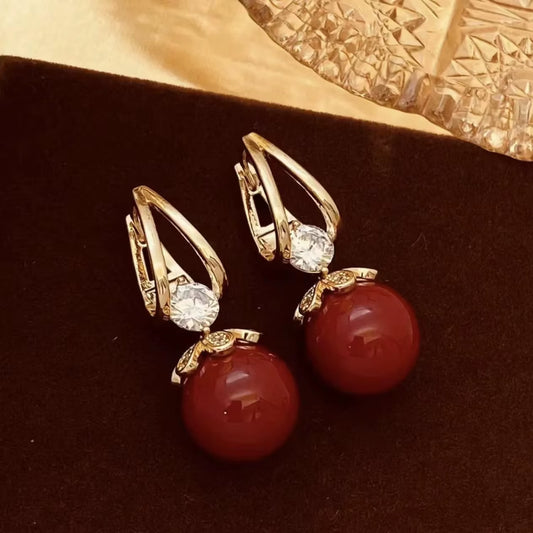 Pearl Earrings Copper Alloy Red Diamond Earrings Fashionable Temperament Earring Crystal Jewelry for Wemon Wedding Gift Party